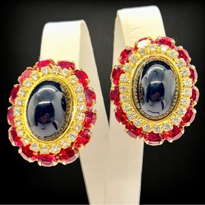 Vintage (MMA) Black Cabochon, Ruby Red & Clear Rhinestone Clip Earrings